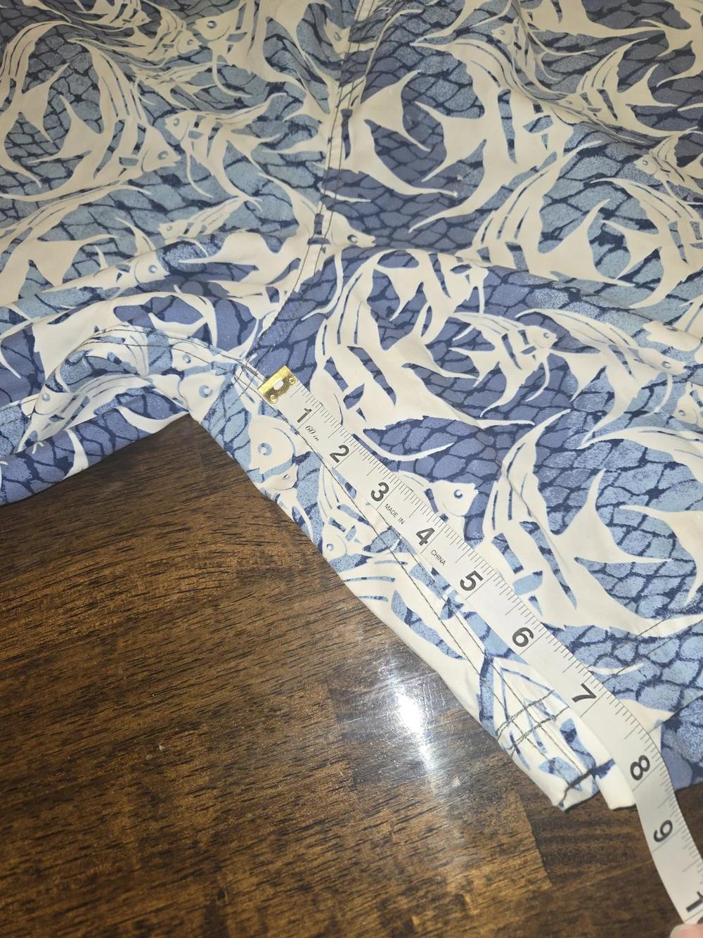 Nautica Coral-Lined Blue & White Fish Print Swim Trunks. Draw String